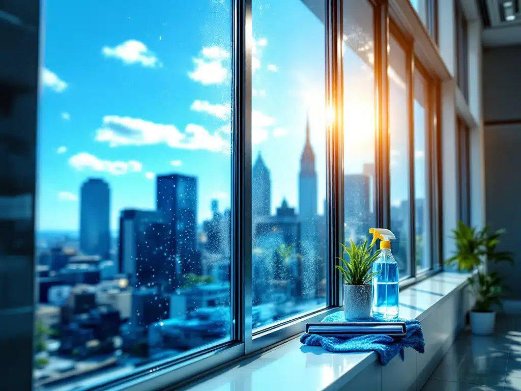 Toimistorakennuksen puhtaat ikkunat heijastavat sinistä taivasta, näkyvä kontrasti puhtaan ja likaisen pinnan välillä, ikkunanpuhdistusvälineet ikkunalaudalla auringonvalossa.
