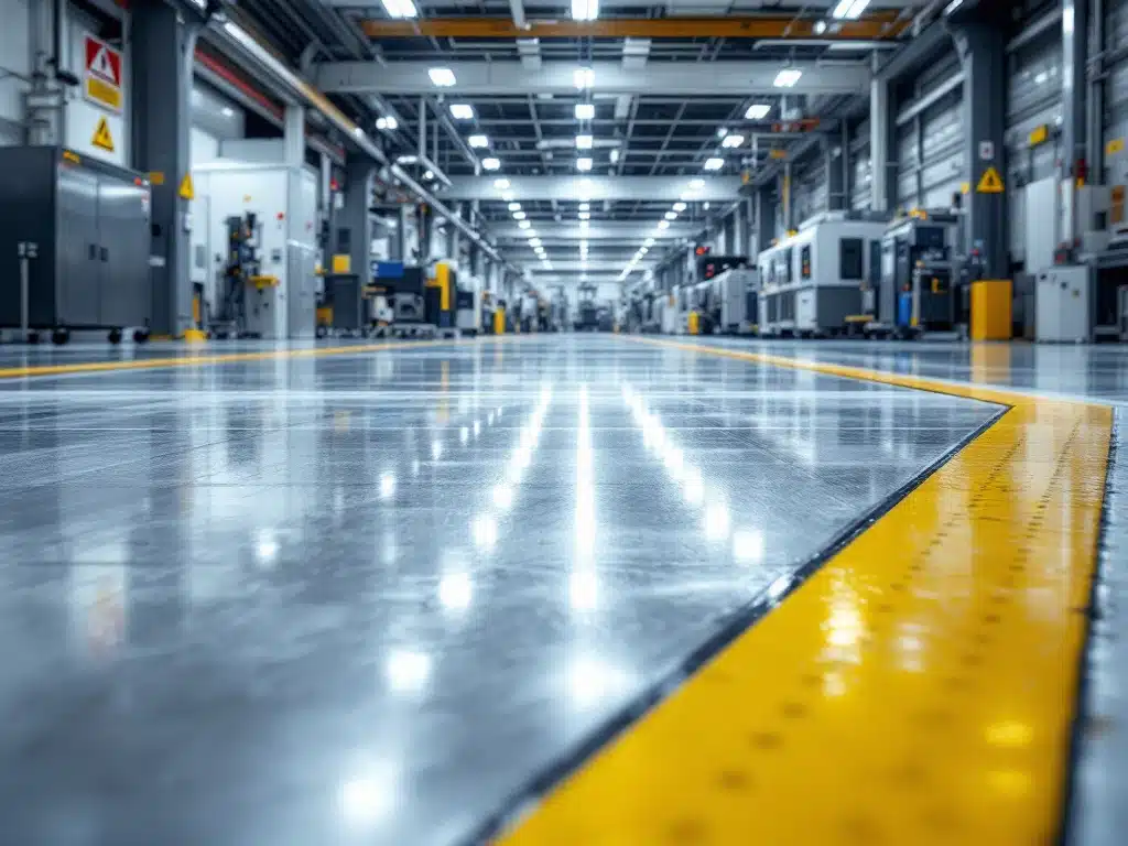 Puhdas teollisuuslaitoksen lattia, jossa edistyneitä siivouslaitteita, kiiltävät teräspinnat, turvallisuusmerkinnät ja pölytön tuotantolaitteisto.