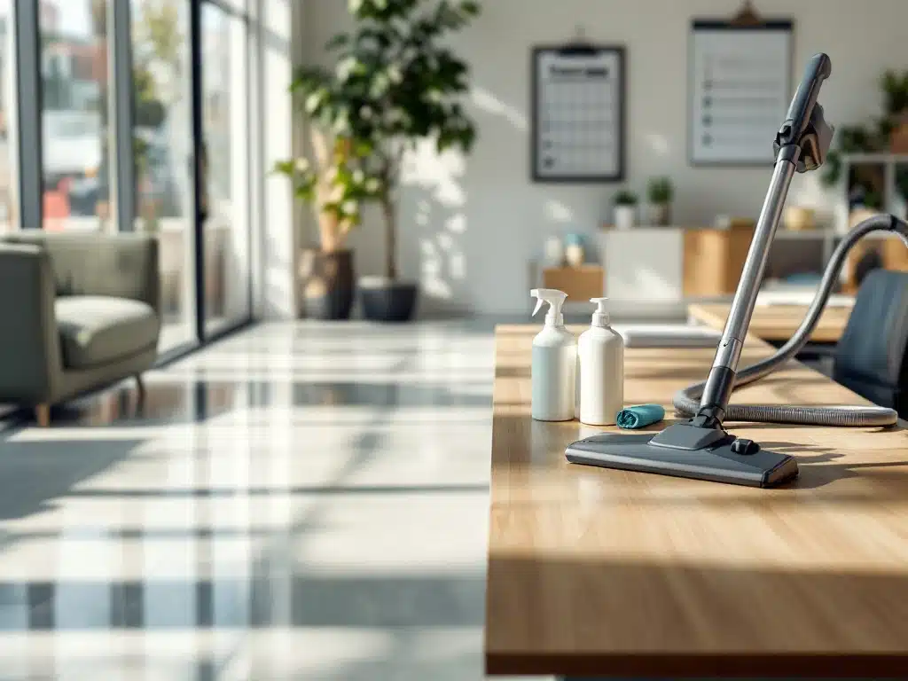 Ammattimaiset puhdistusvälineet järjestettynä puisella työpöydällä modernissa toimistossa aamuvalossa, jossa näkyy puoliksi puhdistettu kiiltävä lattia.