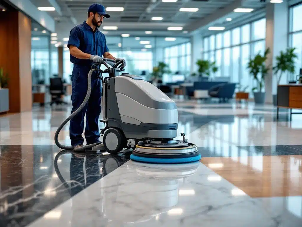 Siivousteknikko sinisessä työasussa käyttää lattian kiillotuskonetta marmoripinnalla toimistotilassa, jossa näkyy erilaisia lattiapintoja