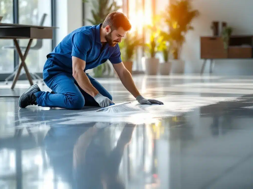 Ammattisiivooja sinisessä työasussa vahaa modernin suomalaisen toimiston lattiaa. Auringonvalo korostaa kiiltävän ja vahaamattoman pinnan eroa.