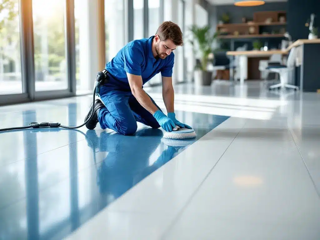 Ammattisiivooja sinisessä työasussa vahaa modernia toimistolattiaa Helsingissä, paljastaen näyttävän kontrastin kiillottamattoman ja kiillotetun pinnan välillä.