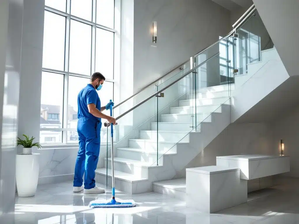 Siniasusinen ammattisiivooja moppaa modernia marmoriportaikkoa, jossa kiillotetut kaiteet ja luonnonvalo luovat raikkaan, kutsuvan tunnelman.