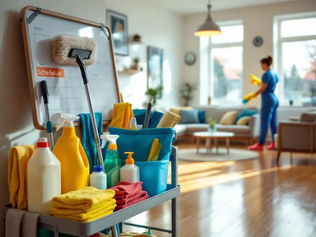 Ammattilaissiivooja sinisessä työasussa työskentelee valoisassa suomalaisessa taloyhtiön yhteistilassa, jossa parkettilattiat kiiltävät ja siivousvälineet ovat järjestyksessä.