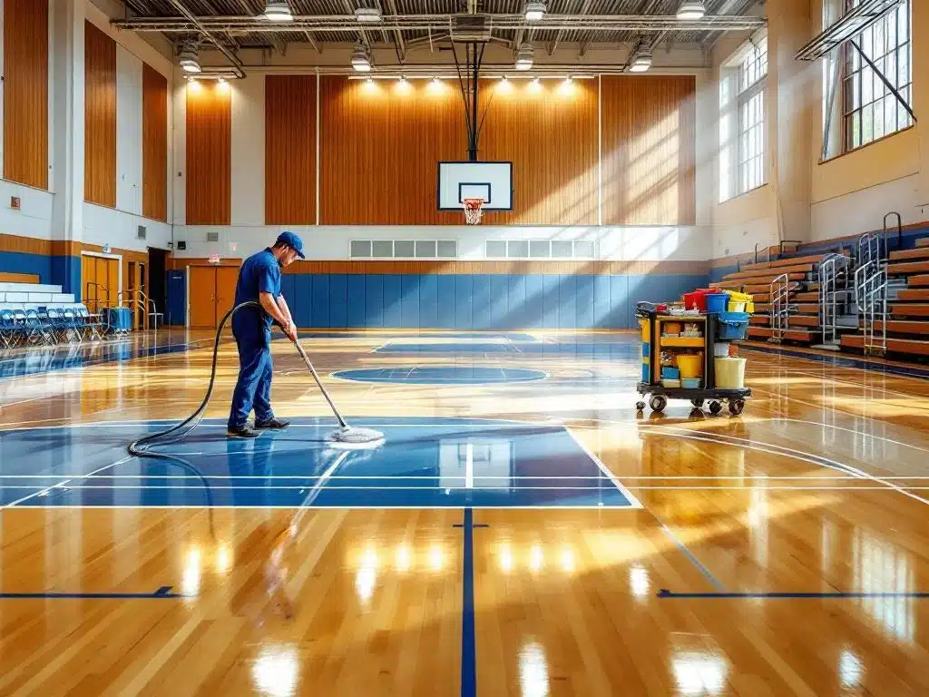 Ammattisiivooja sinisessä työasussa puhdistaa koripallokentän lattiaa urheiluhallissa, jossa aamuaurinko valaisee kiiltäviä puulattioita.