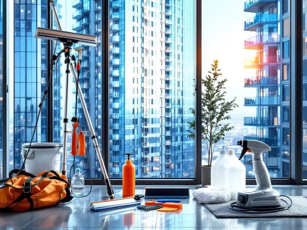 Ammattimaiset ikkunanpesuvälineet ja teleskooppitangot Hervannan kerrostalojen edessä, turvavarusteet näkyvissä