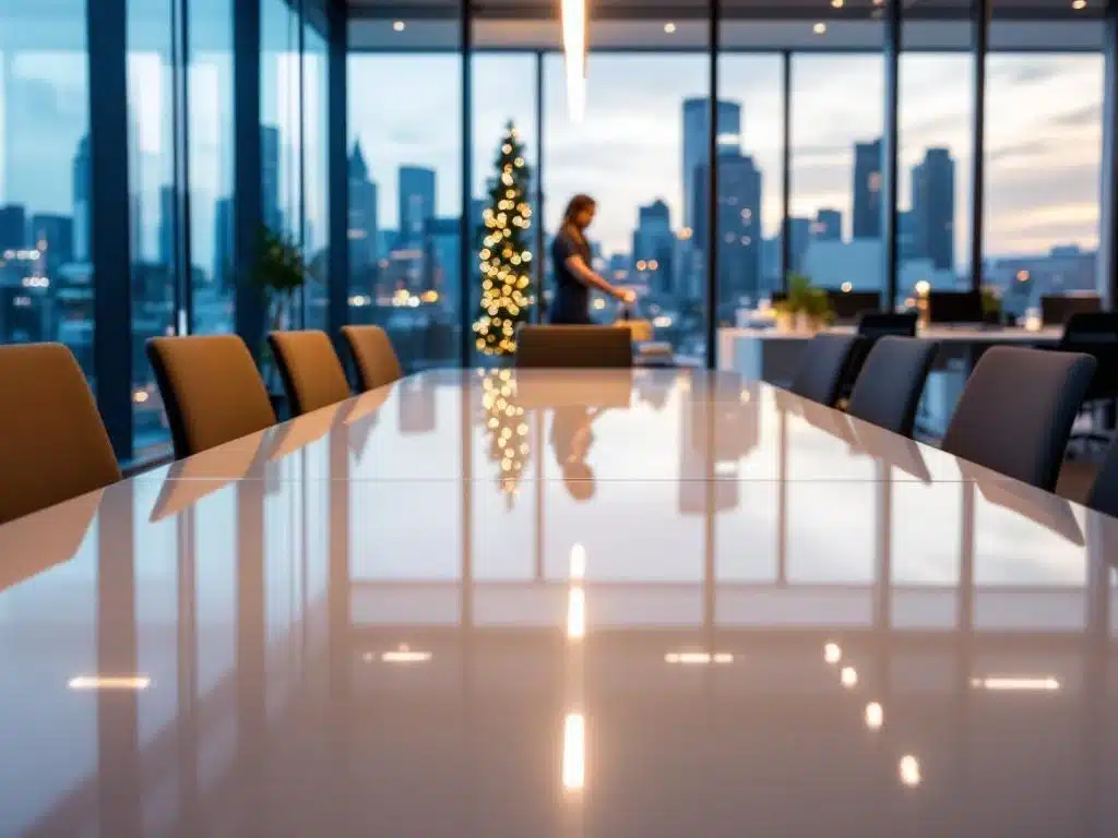 Moderni toimistotila Helsingissä ammattimaisen siivouspalvelun jälkeen, lasiset ikkunat ja kiiltävät työpisteet