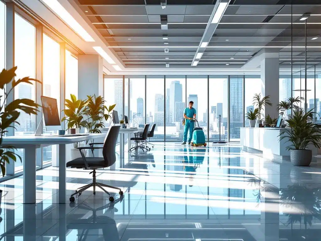 Moderni toimistotila Hervannassa kiiltävin lattioin, siistit työpöydät ja ammattimaiset siivousvälineet