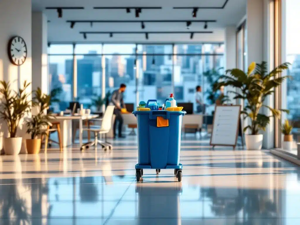 Ammattimainen siivouspalvelu Vuosaaressa: moderni toimistotila kiiltävin lattioin ja siivousvälinein
