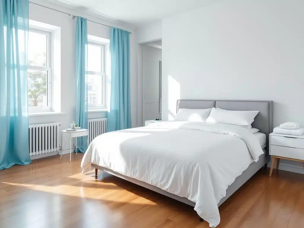 Siisti Airbnb-makuuhuone valkoisilla lakanoilla, kiiltävillä lattioilla ja ammattimaisesti siivotulla kylpyhuoneella