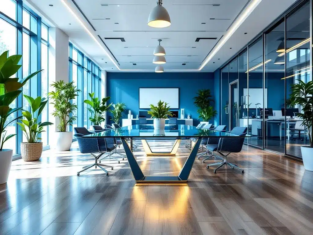 Moderni toimistotila Tampereella: kiiltävät lasipöydät, siistit työpisteet ja luonnonvaloa ikkunoista