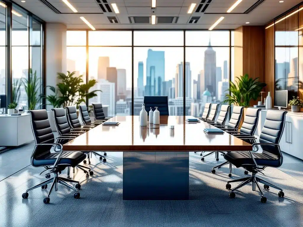 Siisti toimistotila kiiltävine pöytineen, imuroitavine mattoineen ja ammattimaisine siivousvälineineen