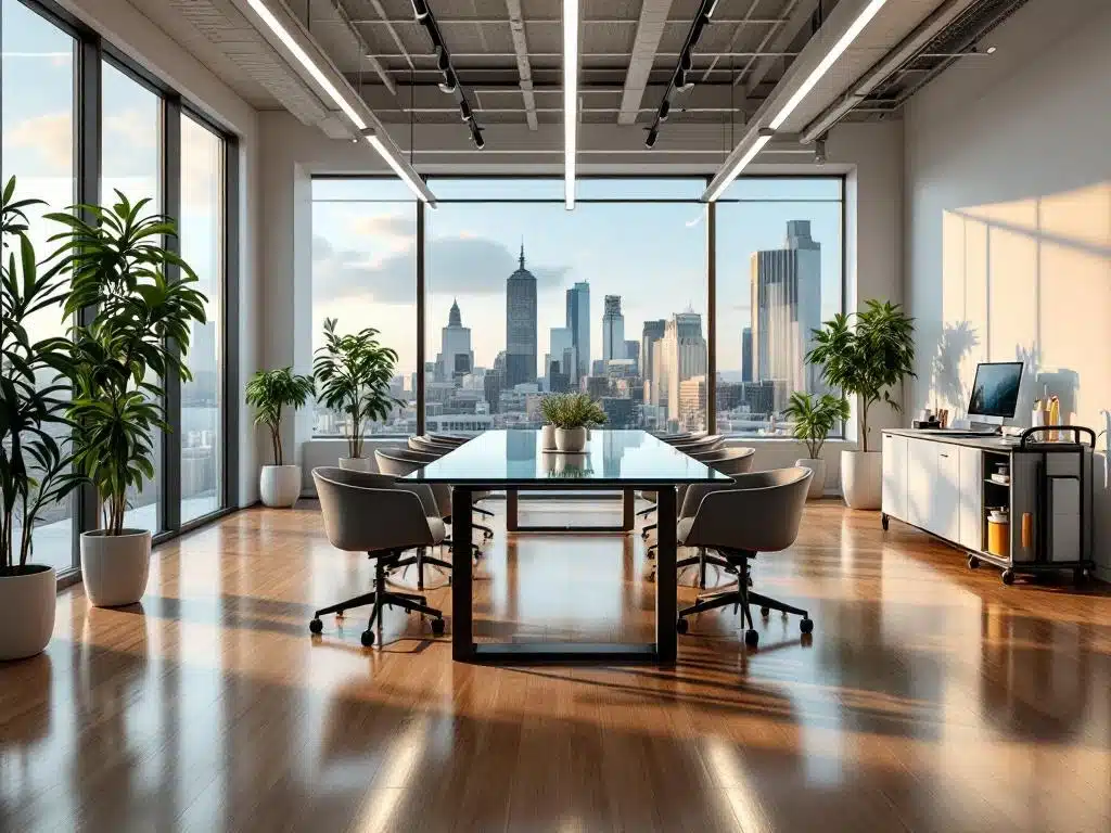 Moderni toimistotila Lahdessa, jossa näkyy ammattimaisen siivouspalvelun tulokset: kiiltävät lattiat ja siistit työpöydät