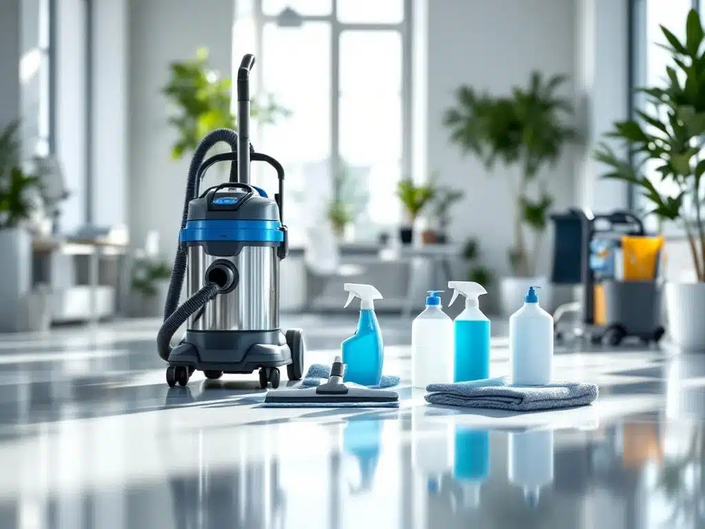 Ammattimaiset siivousvälineet ja -kärry siistissä Helsingin toimistossa, luonnonvalo korostaa kiiltäviä pintoja